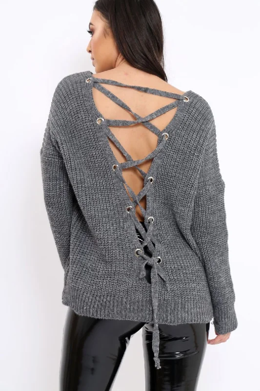 minimalist sweatshirt pulloverCharcoal Chunky Knit Lace Up Back Jumper - Perrie