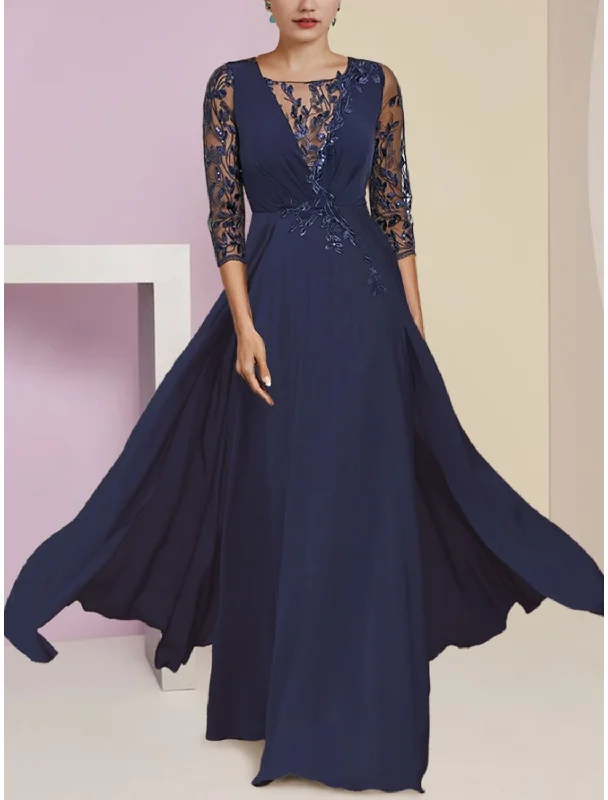 Get It Before It’s Gone A-Line Mother of the Bride Dress Wedding Guest Elegant Scoop Neck Floor Length Stretch Chiffon Half Sleeve with Sequin Appliques Ruching
