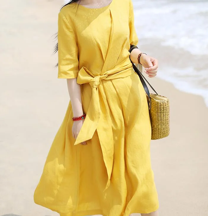 modern dressYellow Waist Line Long Summer Linen Spring Dresses