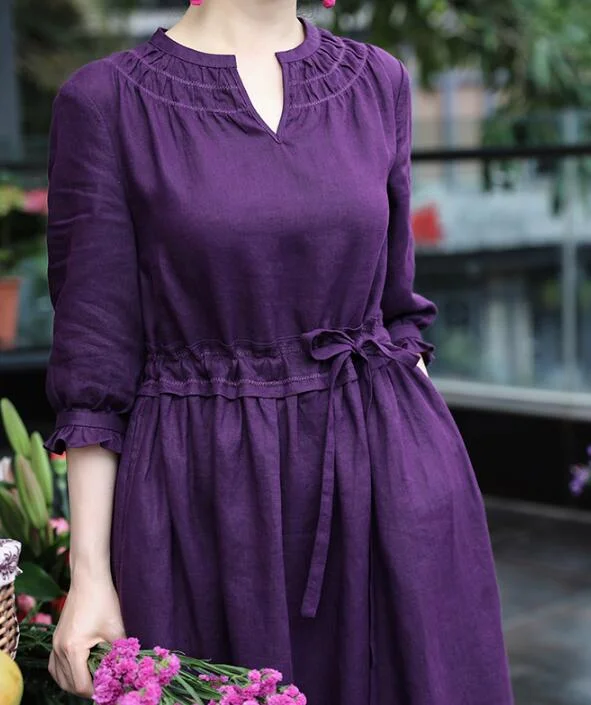 boho dressWaist Line Purple  Linen Spring Dresses