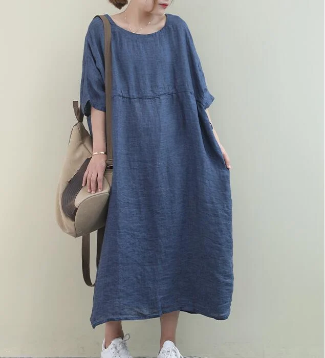 casual evening dressDraw String O Neck Women Dresses Casual Linen Women Dresses Bat Short Sleeve SSM97215