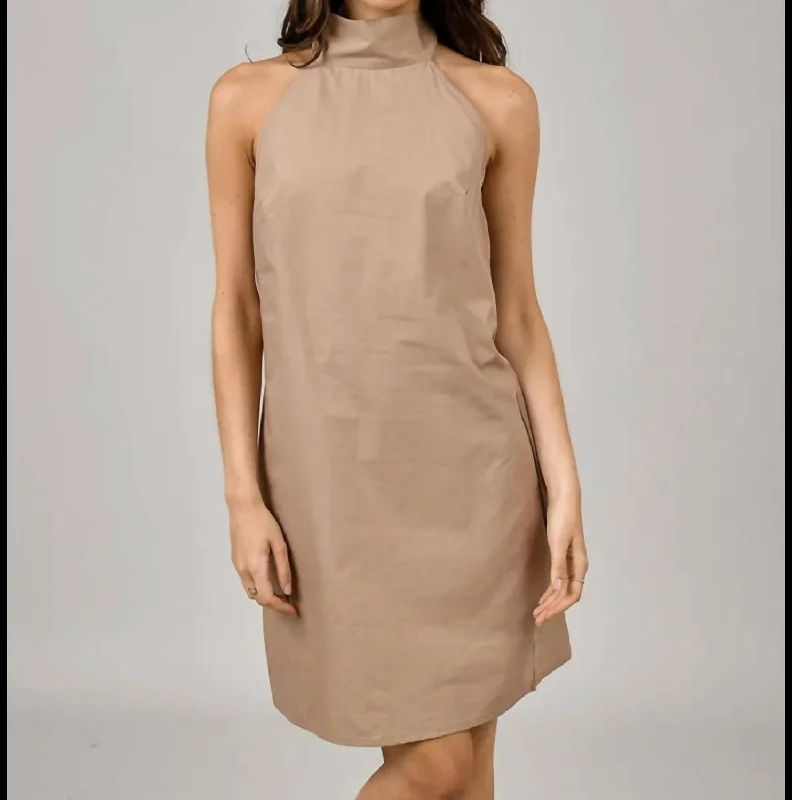 ruched dressMel Poplin Mock Neck Halter Dress In Truffle