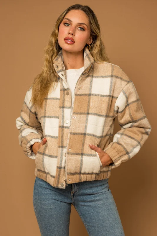 stylish blazer coatPlaid Elastic Waist Puffer Jacket