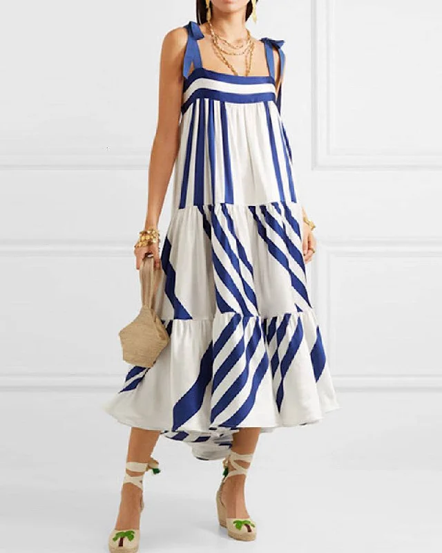 classic fit-and-flare dressBlue Stripe Bow Strap Loose Dress