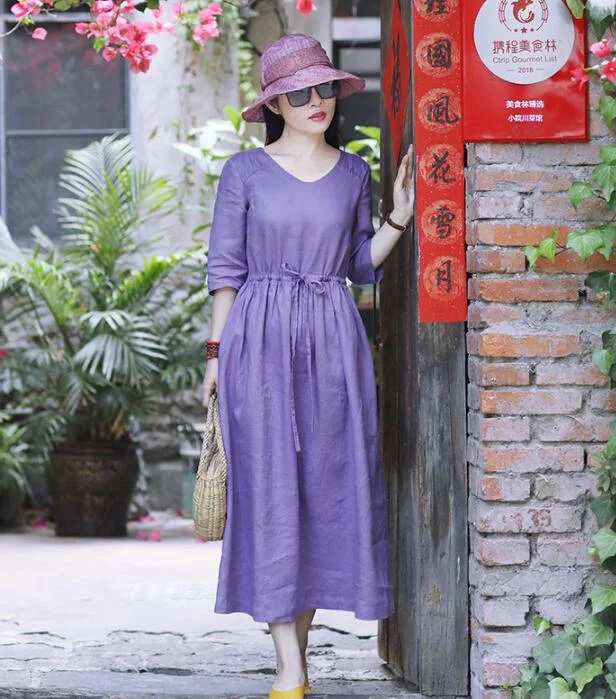 romantic dressPurple Women Dresses Casual Spring Linen Women Dresses SSM97215