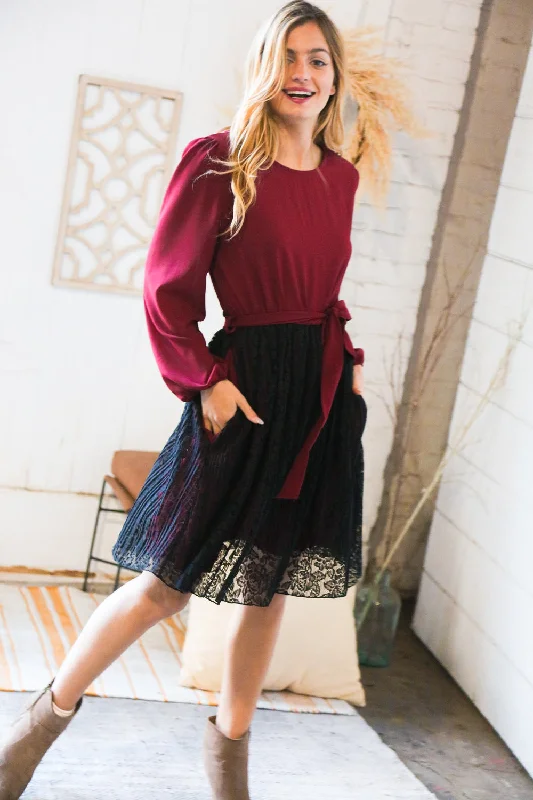 ashionable dressMaroon & Black Lace Overlay Sash Tie Dress