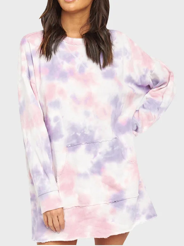 casual shift dressPocketed Tie-Dye Round Neck Long Sleeve Dress