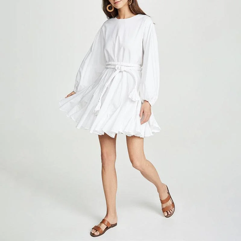 wrap dressWhite Big Sleeve Robe Waist Tie Short Dress