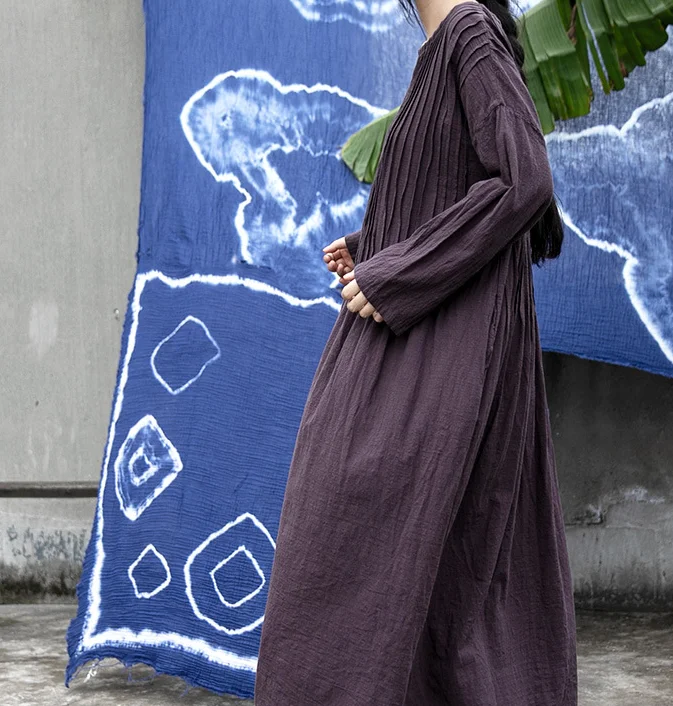 casual shift dressPleated  Linen Long Loose O Neck Women Dresses