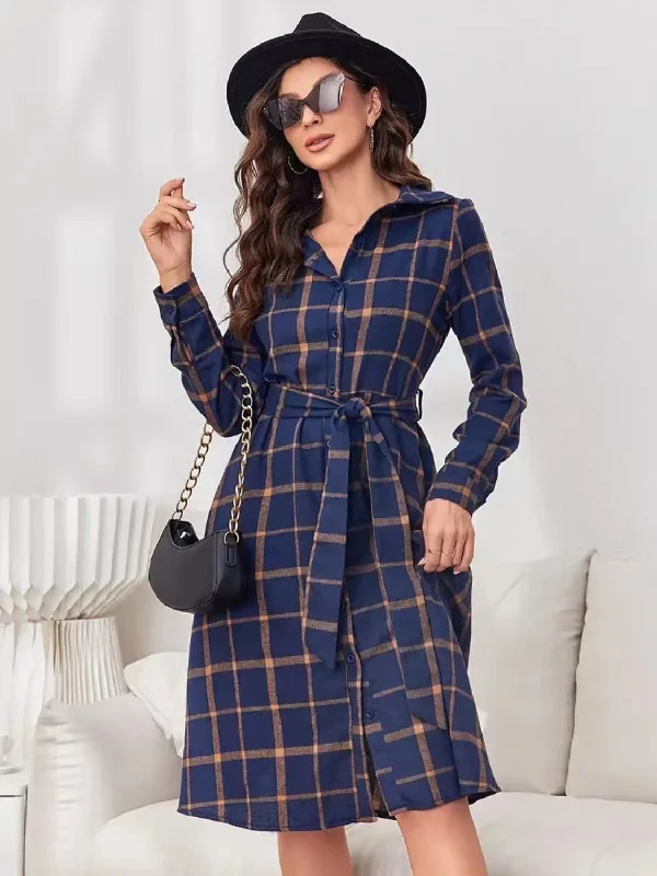 backless dressPlaid Tie Waist Long Sleeve Dress