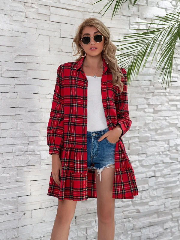 vintage dressRuffle Hem Plaid Button Down Long Sleeve Dress