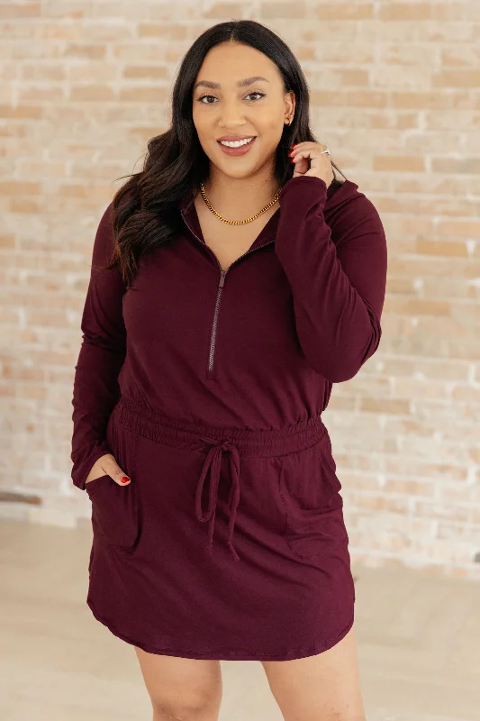 denim dressGetting Out Long Sleeve Hoodie Romper in Maroon