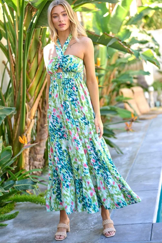 elegant dressPrinted Smocked Ruffle Maxi Dress