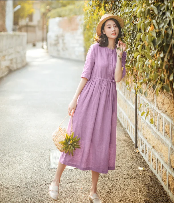 trendy bodycon dressPurple Summer Cotton Linen Spring Women Dresses QJ05077