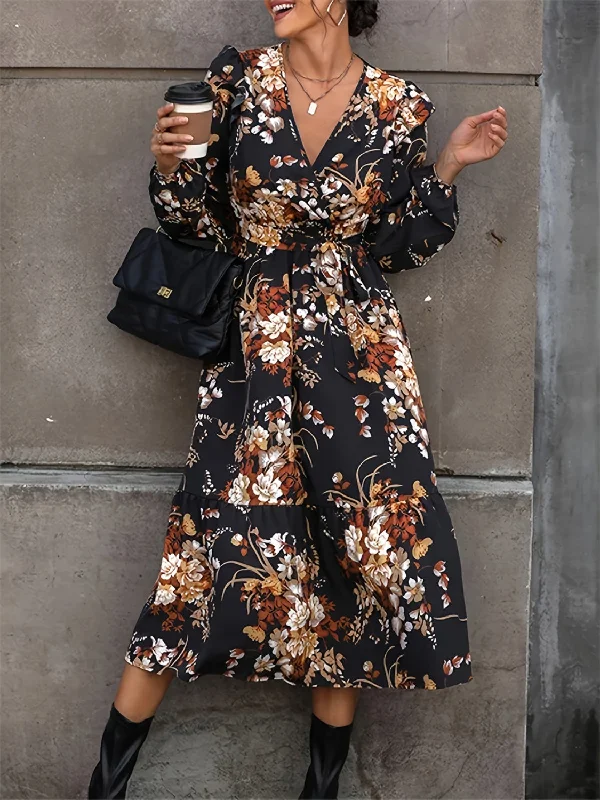 casual evening dressRuffled Printed Surplice Long Sleeve Midi Dress