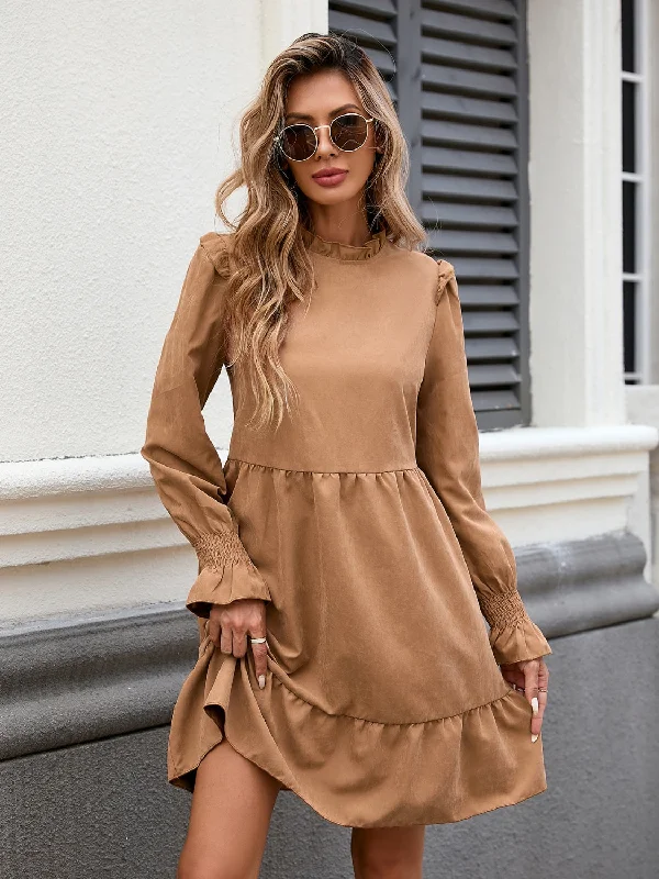 high-waisted dressFrill Mock Neck Long Sleeve Dress