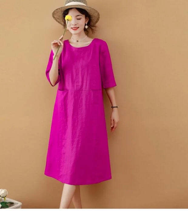 casual midi dressRose Red Women Dresses Ramie Casual Spring Linen Women Dresses MN97215