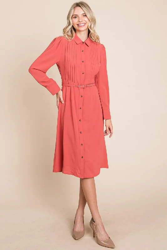 elegant shift dressPintucked Front Button Down Shirtdress with Belt