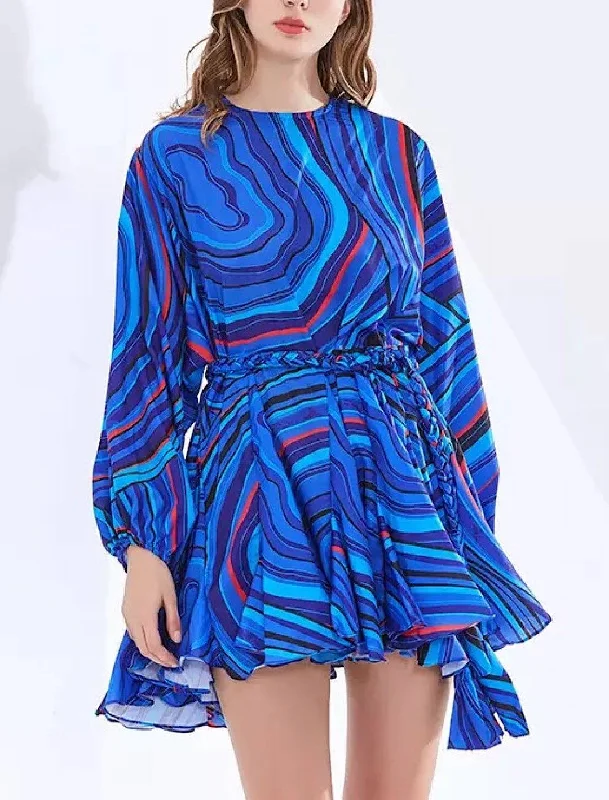 casual shift dressPrinted Ruffled and Frilled Skirt Belted Short Dress