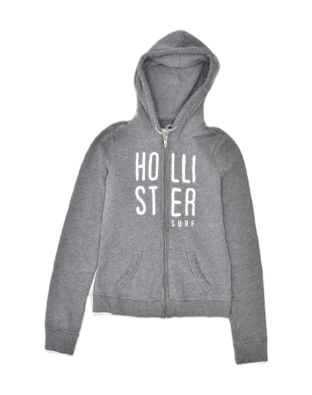 warm pullover hoodieHOLLISTER Womens Graphic Zip Hoodie Sweater UK 6 XS Grey Cotton