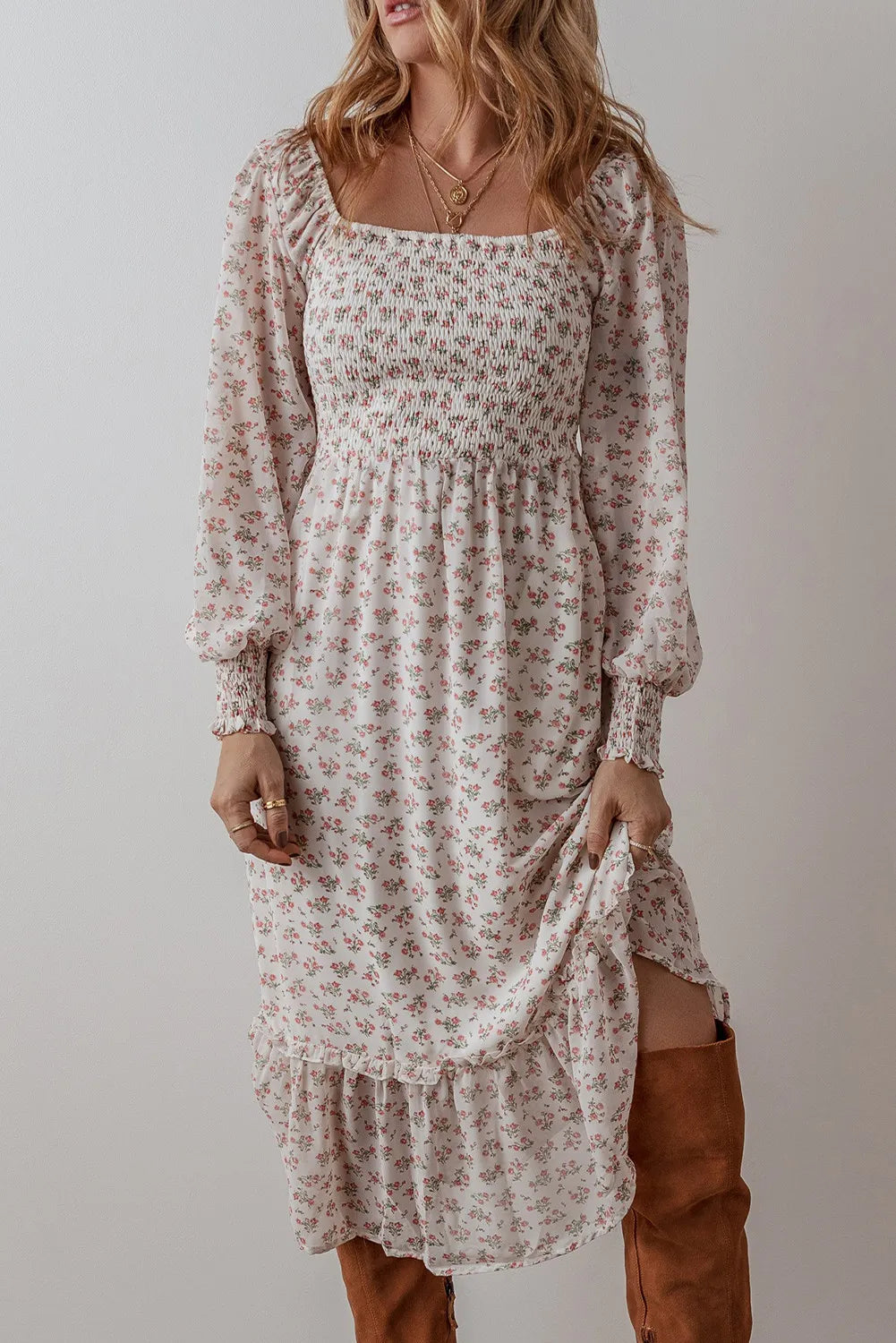 evening dressSmocked Floral Square Neck Long Sleeve Midi Dress