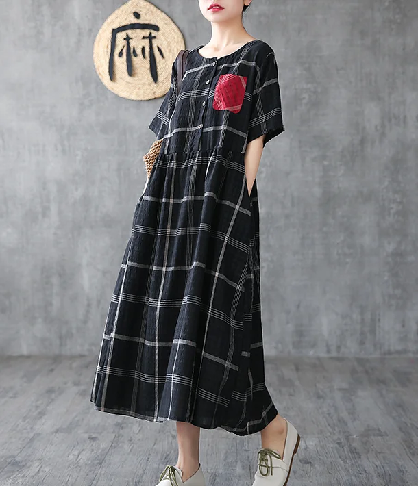 romantic dressPlaid Long Sleeve Summer Spring Cotton Linen Women Dresses DZA206102