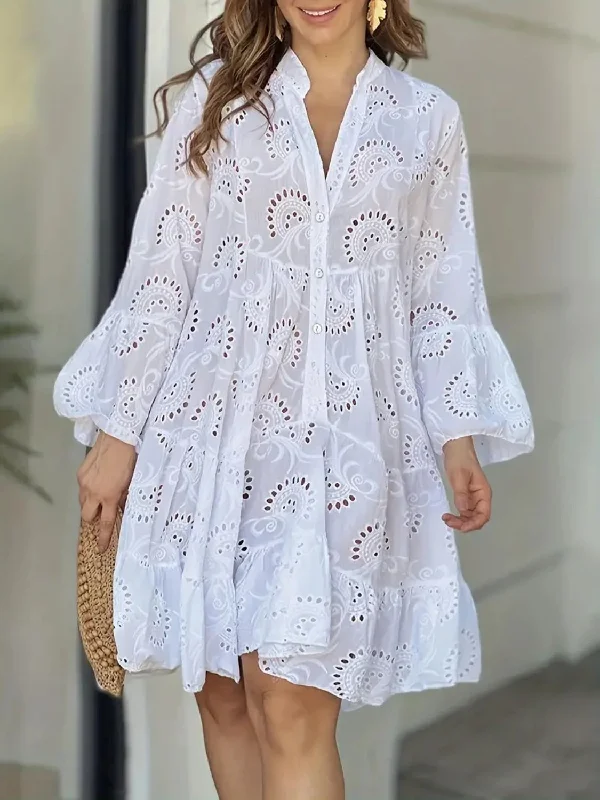 backless dressRuffle Hem Eyelet Notched Long Sleeve Dress