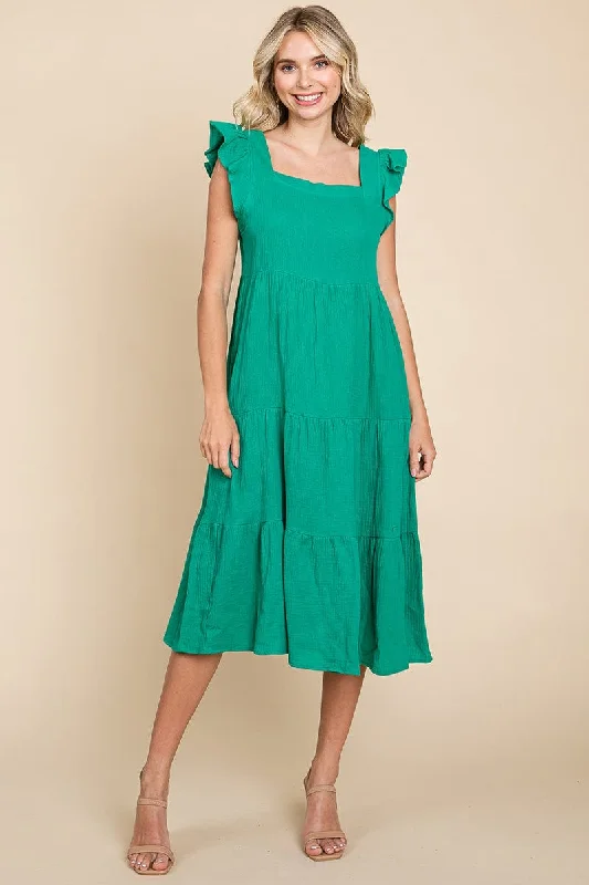 elegant dressRuffle Sleeve Gauze Tiered Midi Cotton Dress