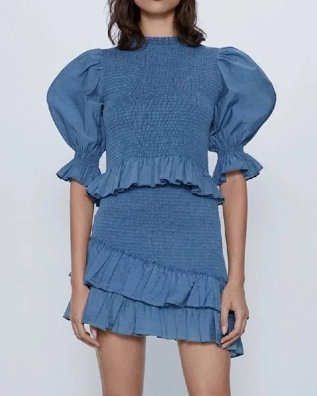 A-line dressBlue Puff Sleeve Elastic Top And Skirt Two Piece Set