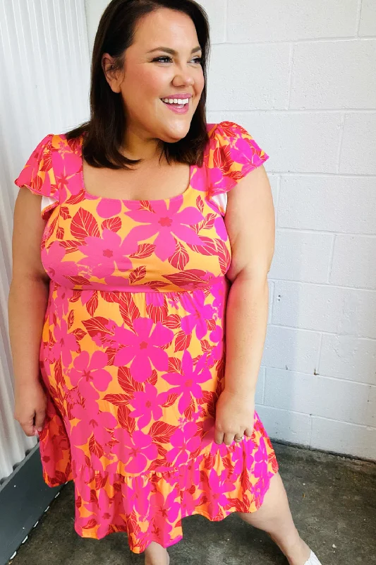 formal dressFuchsia & Orange Tropical Floral Square Neck Dress