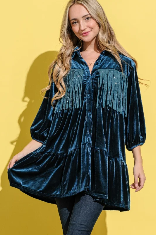 trendy mini dressAnd The Why Fringe Detailed Velvet Shirt Dress