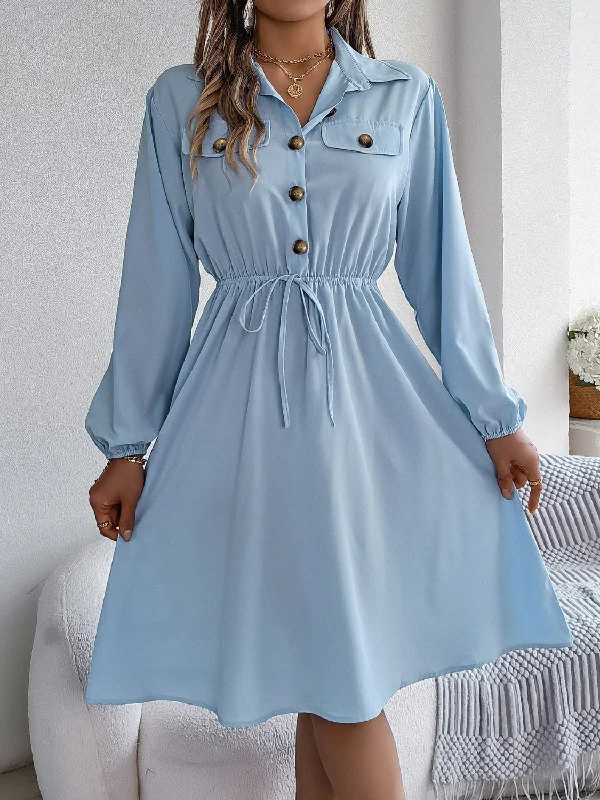 romantic dressCollared Neck Long Sleeve Dress with Pockets