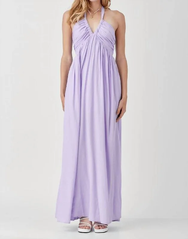 midi dressThe Lexi Drawstring Halter Maxi Dress In Lavender