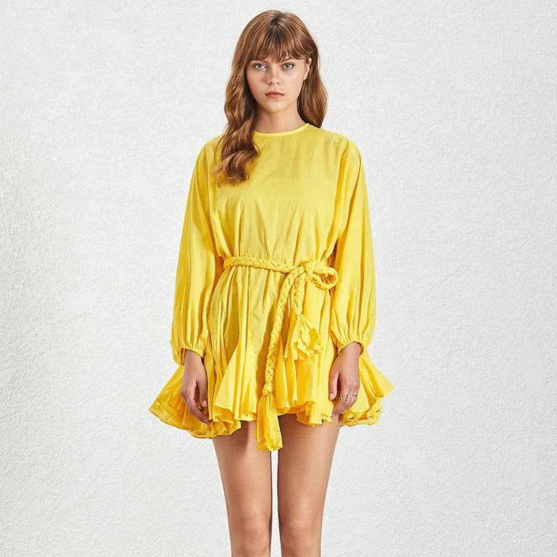 satin dressYellow Ruffled and Frilled Skirt Belted Short Dress