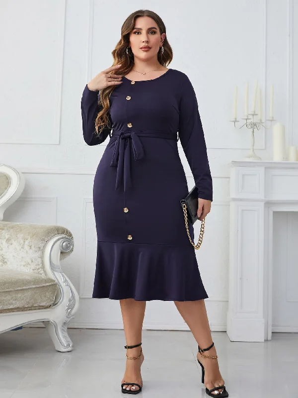 ruffle dressHoney Melo Apparel Plus Size Buttoned Round Neck Tie Belt Midi Dress