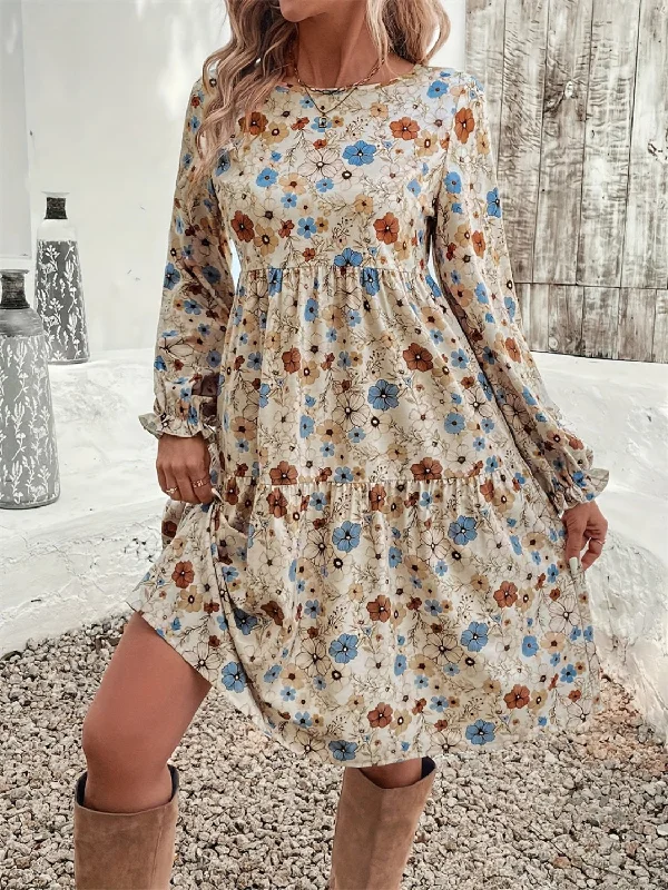 party dressRuffled Printed Round Neck Long Sleeve Dress