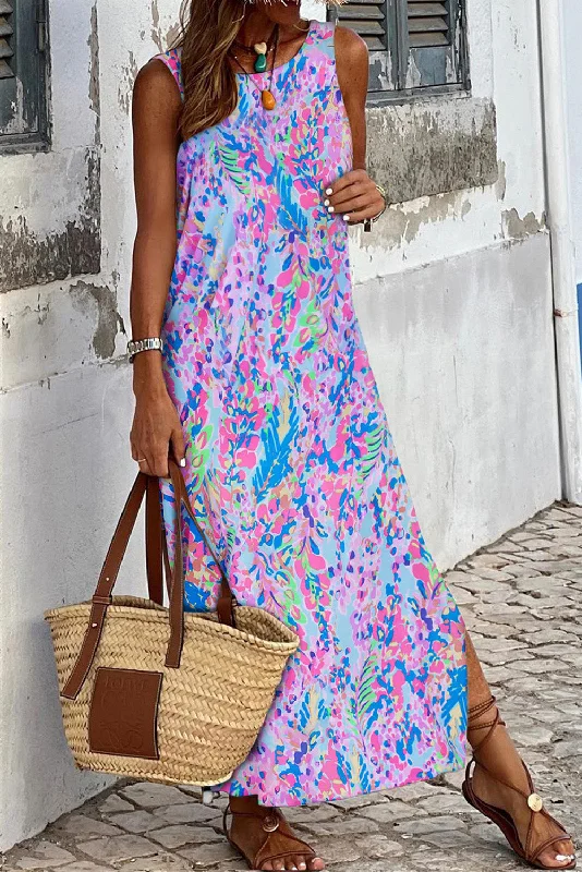 trendy dressPurple Fluorescent Printed Round Neck	 Sleeveless Maxi Dress