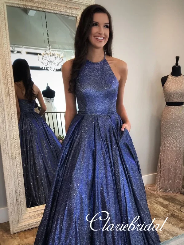 Blowout Sale Halter Navy Shemmering Fabric Long A-line Prom Dresses, Shiny Prom Dresses, Popular Prom Dresses Blowout Sale Halter Navy Shemmering Fabric Long A-line Prom Dresses, Shiny Prom Dresses, Popular Prom Dresses