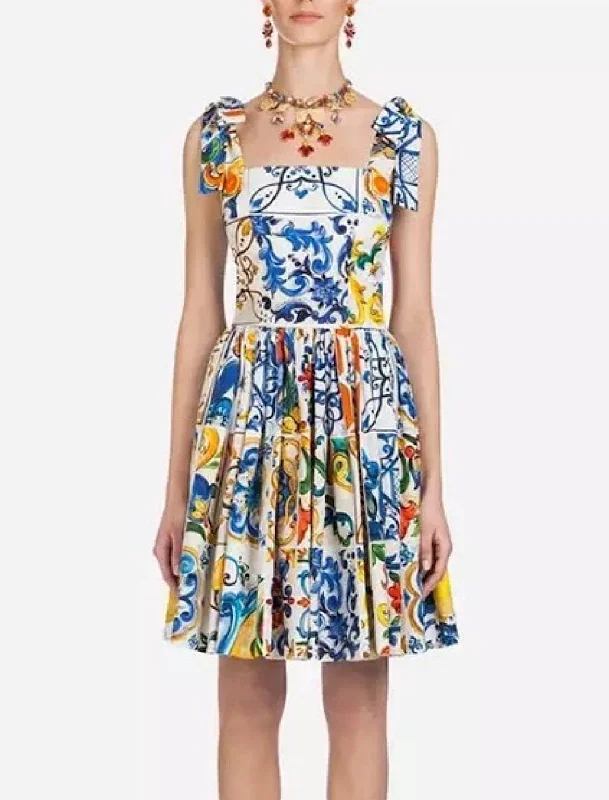 lace dressBlue Porcelain Print Bow Strapped Dress