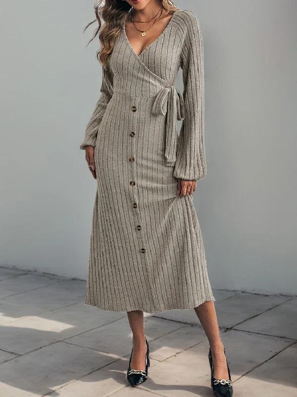 boho-chic dressPerfee Ribbed Tied Surplice Long Sleeve Dress