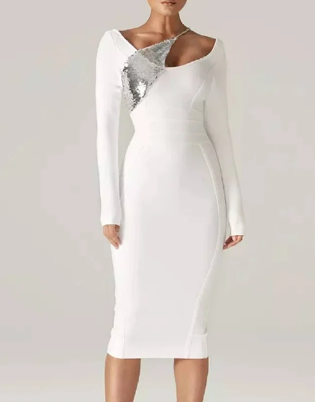 off-the-shoulder dressWhite Sequin Detailed Bandage Midi Dress