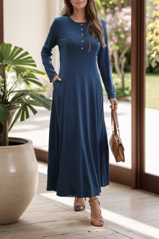 lace dressRound Neck Long Sleeve Maxi Dress with Pockets