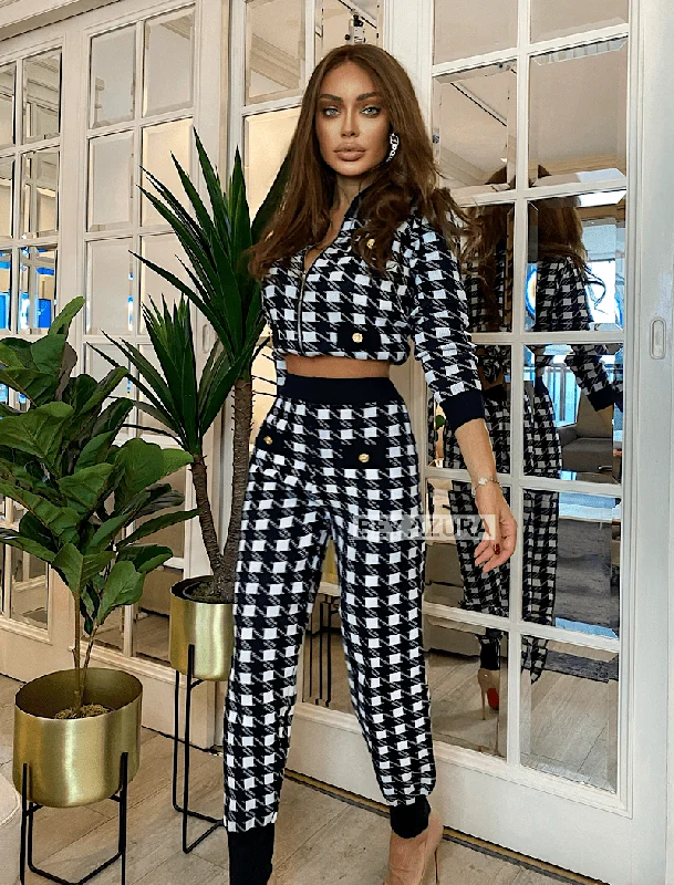 stylish party dressHoundstooth Long Sleeve Zipper Front Top and Pants Two Piece Loungewear Knit Set