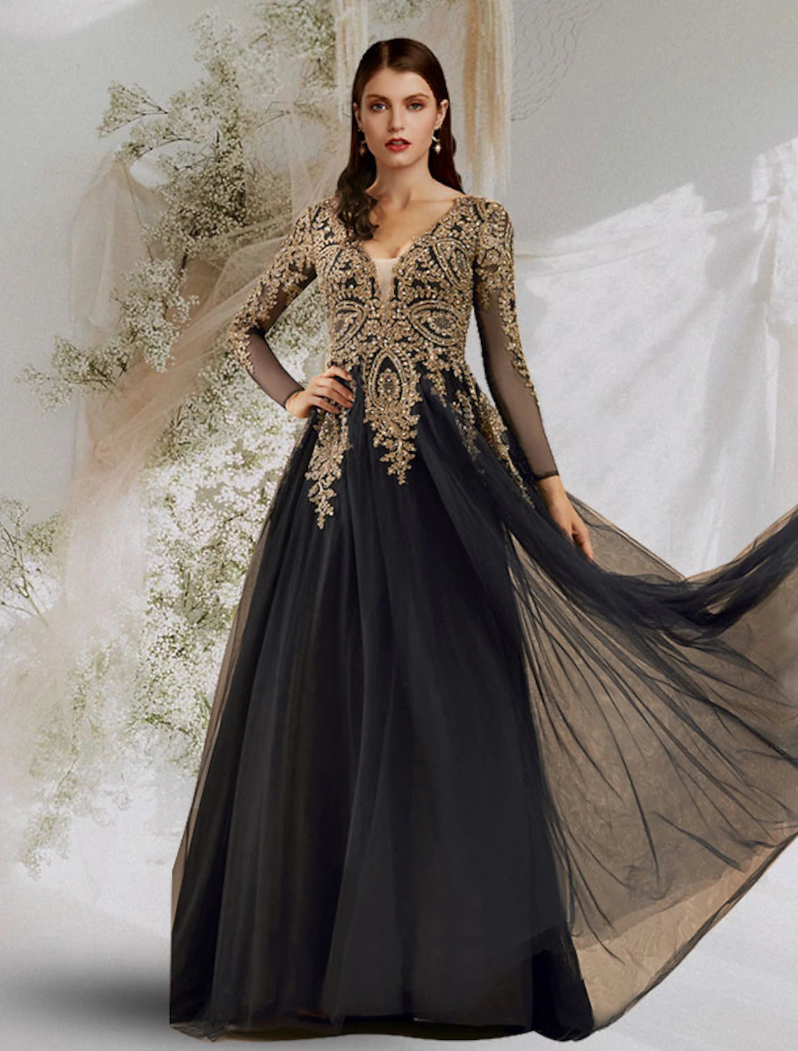Instant Savings Ball Gown Luxurious Elegant Prom Formal Evening Dress V Neck Long Sleeve Floor Length Tulle with Sequin Appliques Instant Savings Ball Gown Luxurious Elegant Prom Formal Evening Dress V Neck Long Sleeve Floor Length Tulle with Sequin Appliques