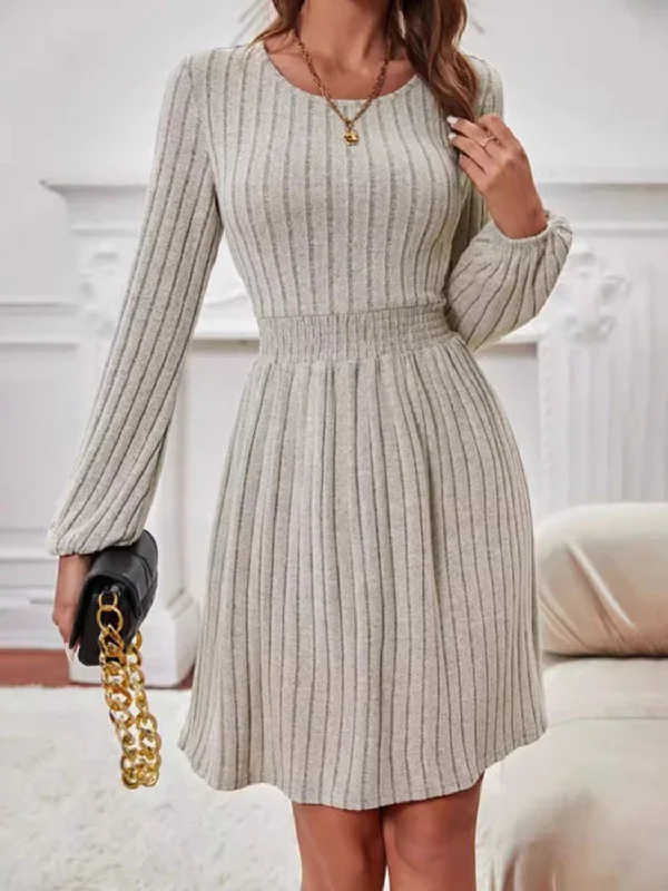 flowy evening dressSmocked Round Neck Long Sleeve Knee Length Dress