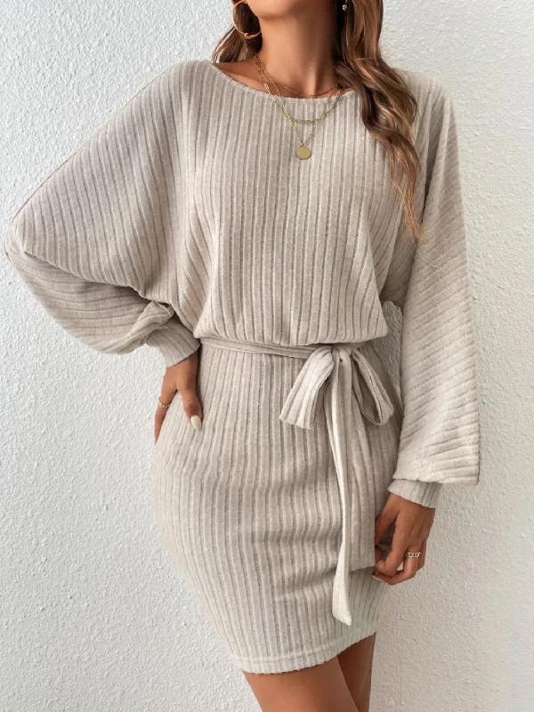 trendy bodycon dressRound Neck Tie Waist Long Sleeve Mini Dress